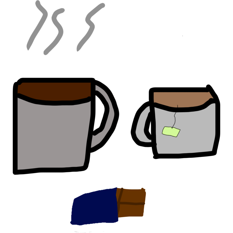 symbol of three caffeinated foods. a mug of steaming coffee, a mug of tea with a light green teabag, and a chocolate bar peeking out of a dark blue wrapper.